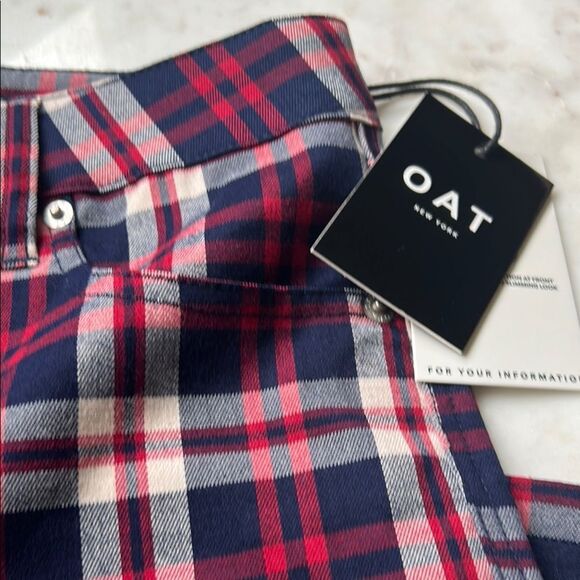 NEW Oat New York High Rise Red and Blue Plaid straight Cropped Pants - Picture 4 of 10